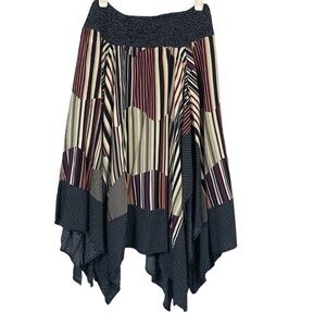 Hazel Navy Patchwork Stripe Polkadot Boho Elastic Waist Asymmetric Hem Skirt M